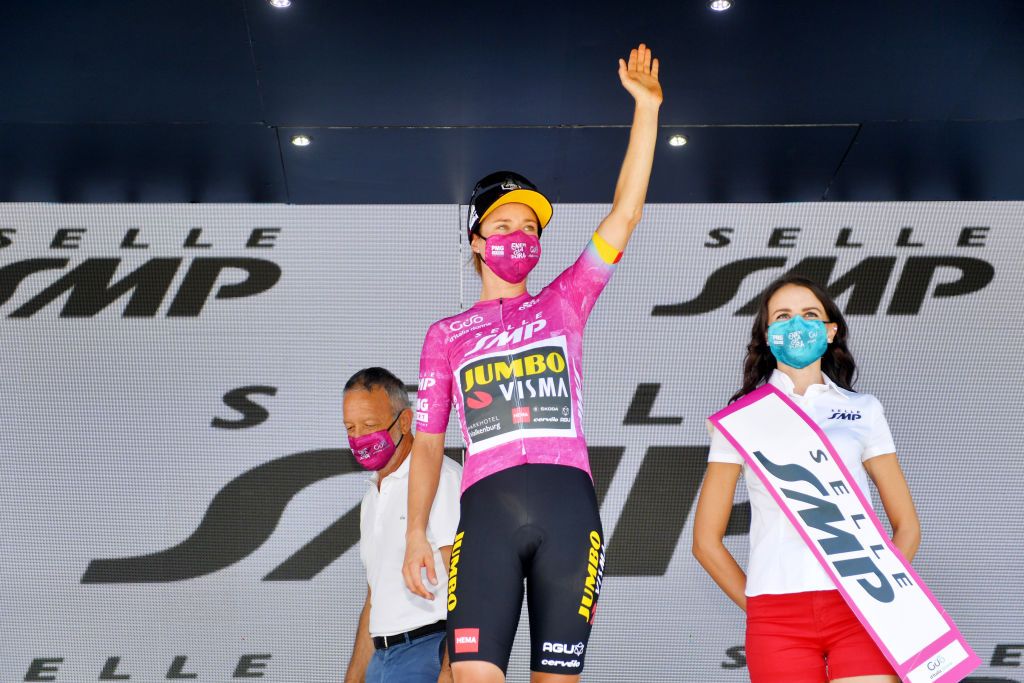 PUEGNAGO DEL GARDA ITALY JULY 08 Marianne Vos of Netherlands and Jumbo Visma Team Purple Points Jersey celebrates at podium during the 32nd Giro dItalia Internazionale Femminile 2021 Stage 7 a 1096km stage from Soprazocco di Gavardo to Puegnago Del Garda 219m GiroDonne UCIWWT on July 08 2021 in Puegnago del Garda Italy Photo by Luc ClaessenGetty Images