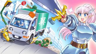 Carissa holds out her sword in a heroic pose as a hapless truck drive mows down objects in key art for Truck-kun is Supporting Me from Another World, cropped for a header image