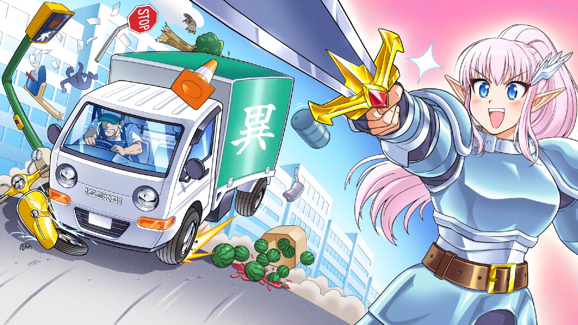 Carissa holds out her sword in a heroic pose as a hapless truck drive mows down objects in key art for Truck-kun is Supporting Me from Another World, cropped for a header image