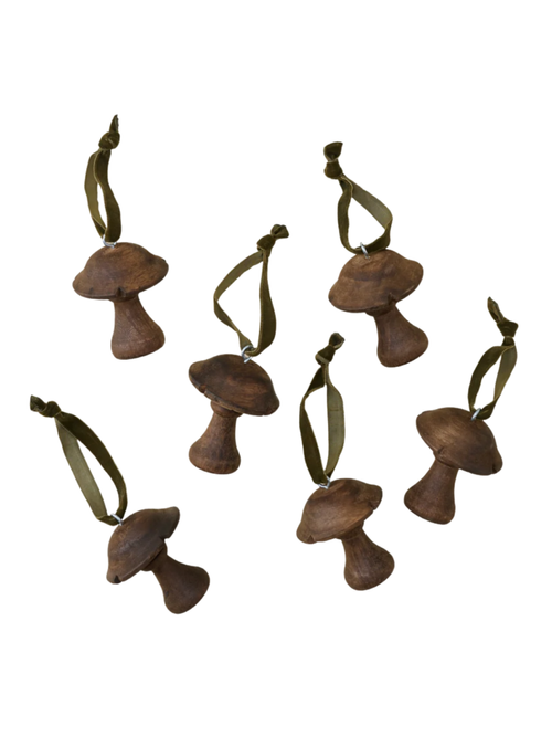 Hand-Carved Mushroom Ornament, Set of 6