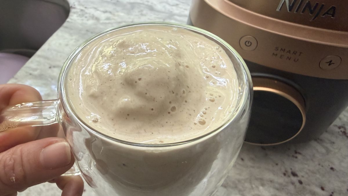 Ninja CrushBOSS making banana peanut butter smoothie