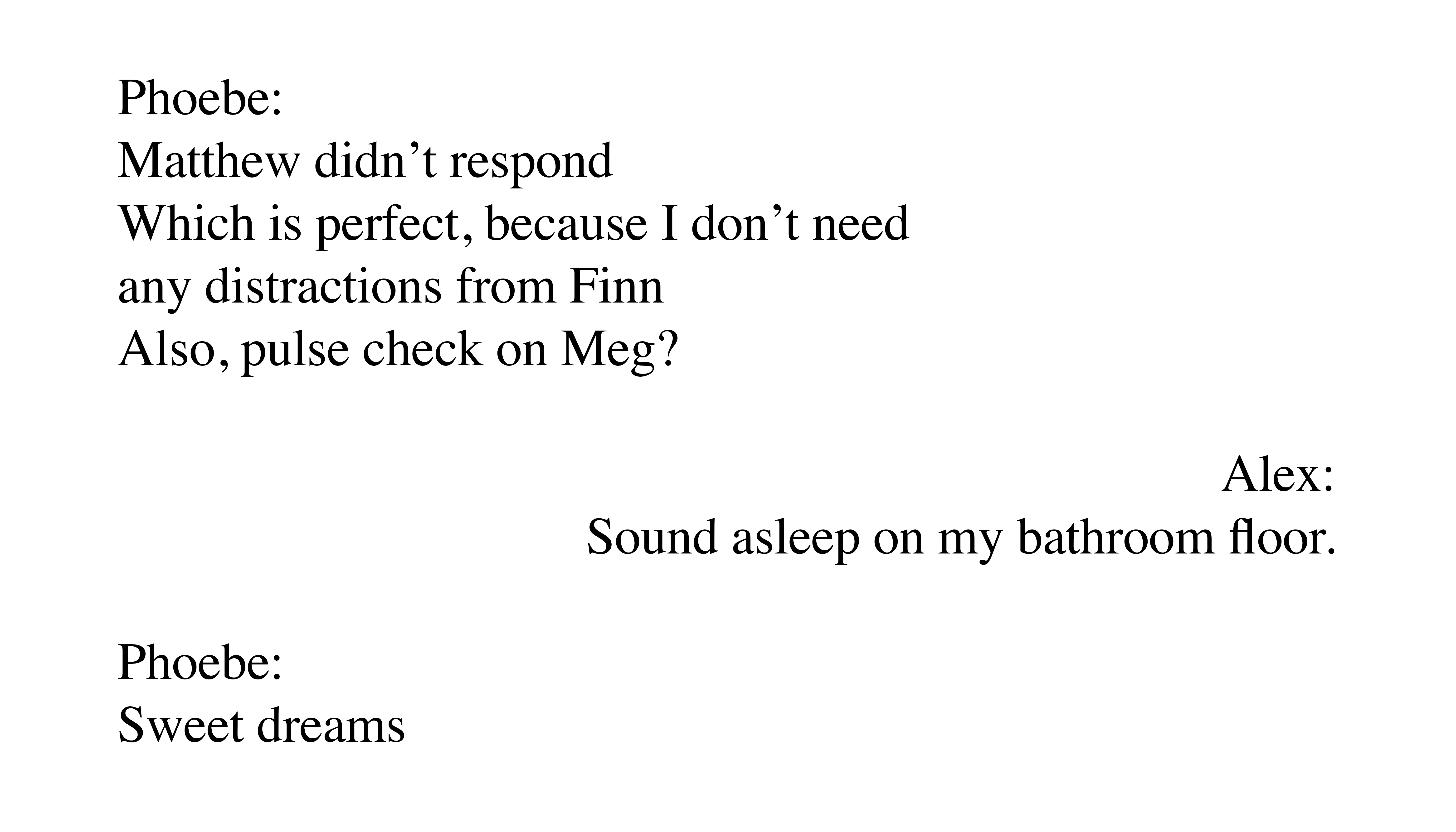 text from the book phoebe berman's gonna lose it formatted as text messages flushed right and left