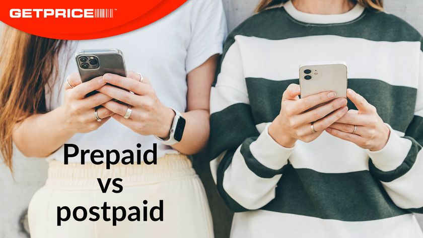 Torsos of two girls holding mobile phones. One wearing a striped jumper. Black writing that says Prepaid vs postpaid and red GetPrice logo on top left corner of image