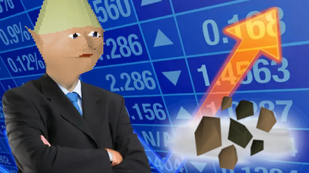 An edited, popular meme of the "stonks" man, spliced via edit with coal from RuneScape and the Gnome Child.