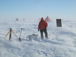 Scientists endure staggeringly chilled conditions when working in the deep field at Lake Ellsworth, with a scientist shown here at a GPS station.