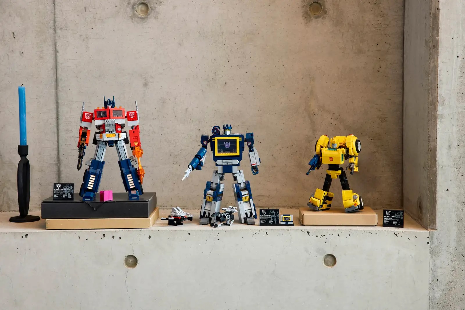 LEGO Transformers Soundwave, Optimus Prime and Bumblebbe stood next each other 