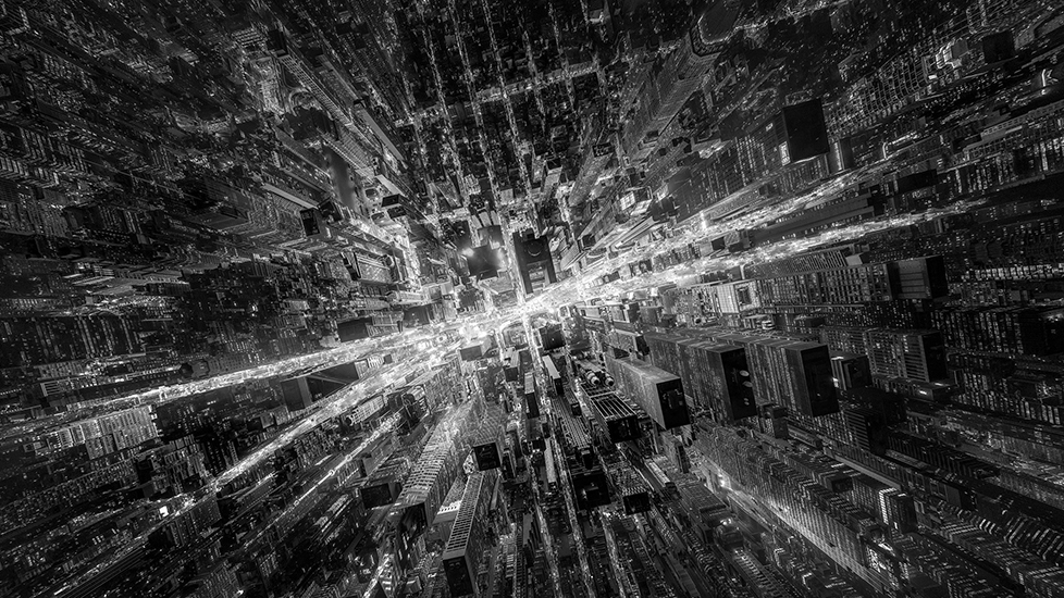 'Center of the Cosmos' captures New York's Times Square from a striking aerial perspective, with countless points of light radiating around the bustling streets like stars surround the centre of a galaxy