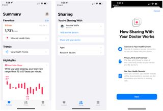 To share with your doctor, tap the Health app, then choose the Sharing tab. Choose Share with your doctor and tap Next.