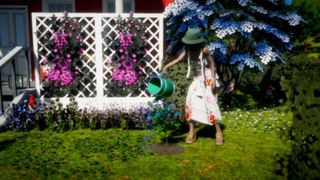 A woman watering a garden