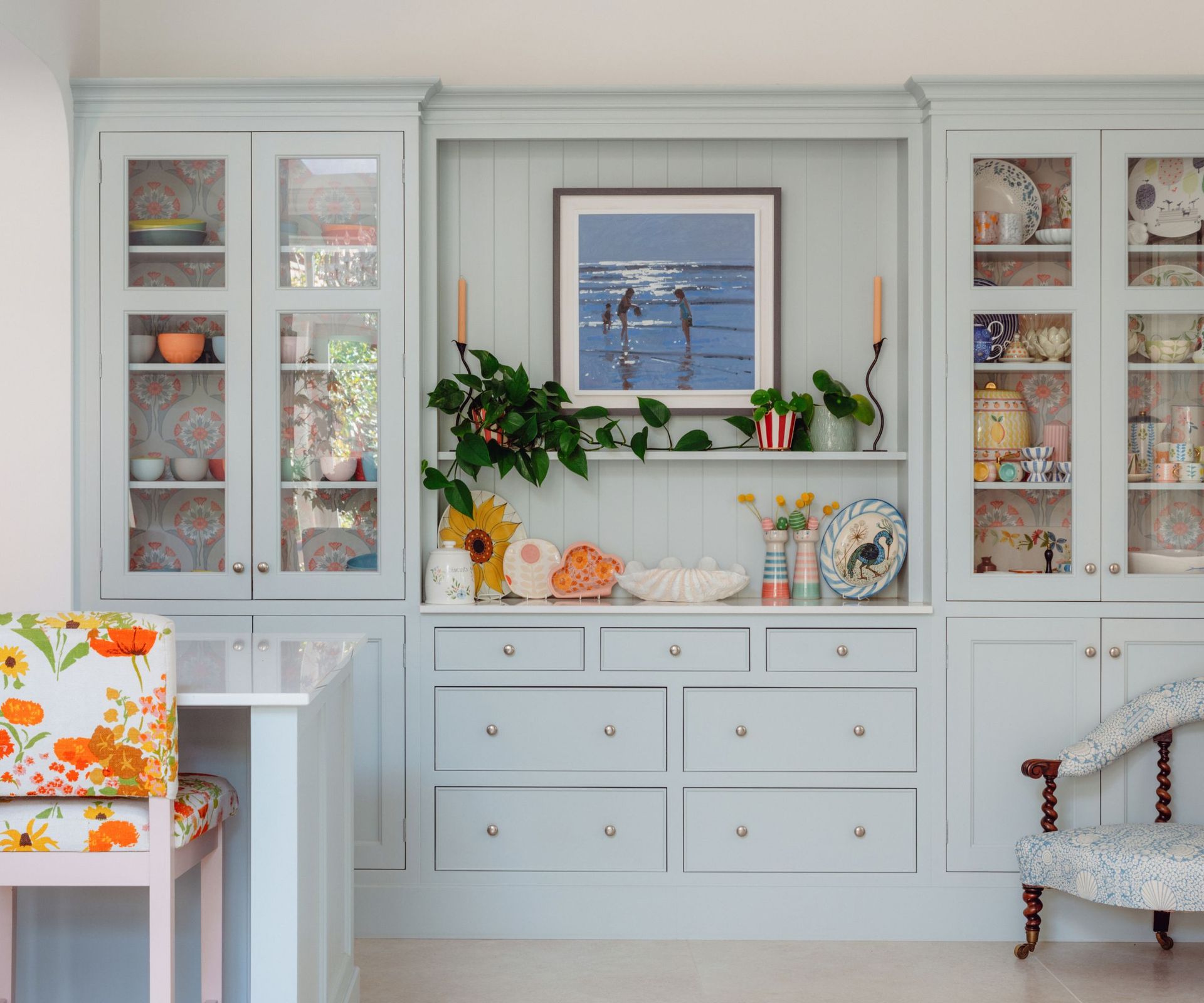 pale blue cabinets tongue and groove and wallpaper linings