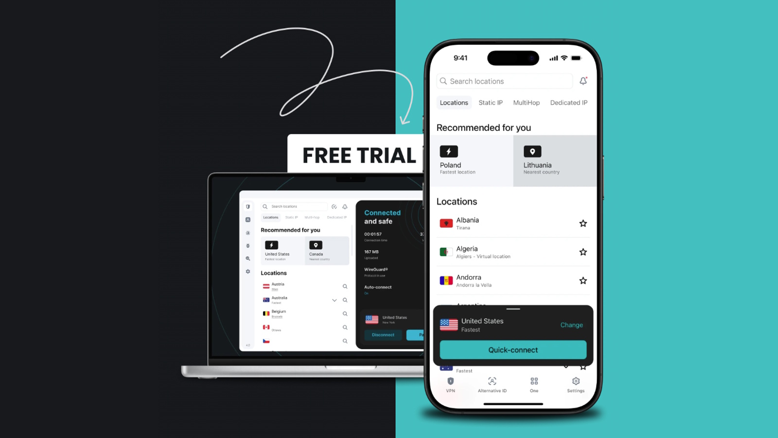 The Surfshark VPN interface showing on a laptop and smartphone with the words "Free trial" written next to them.
