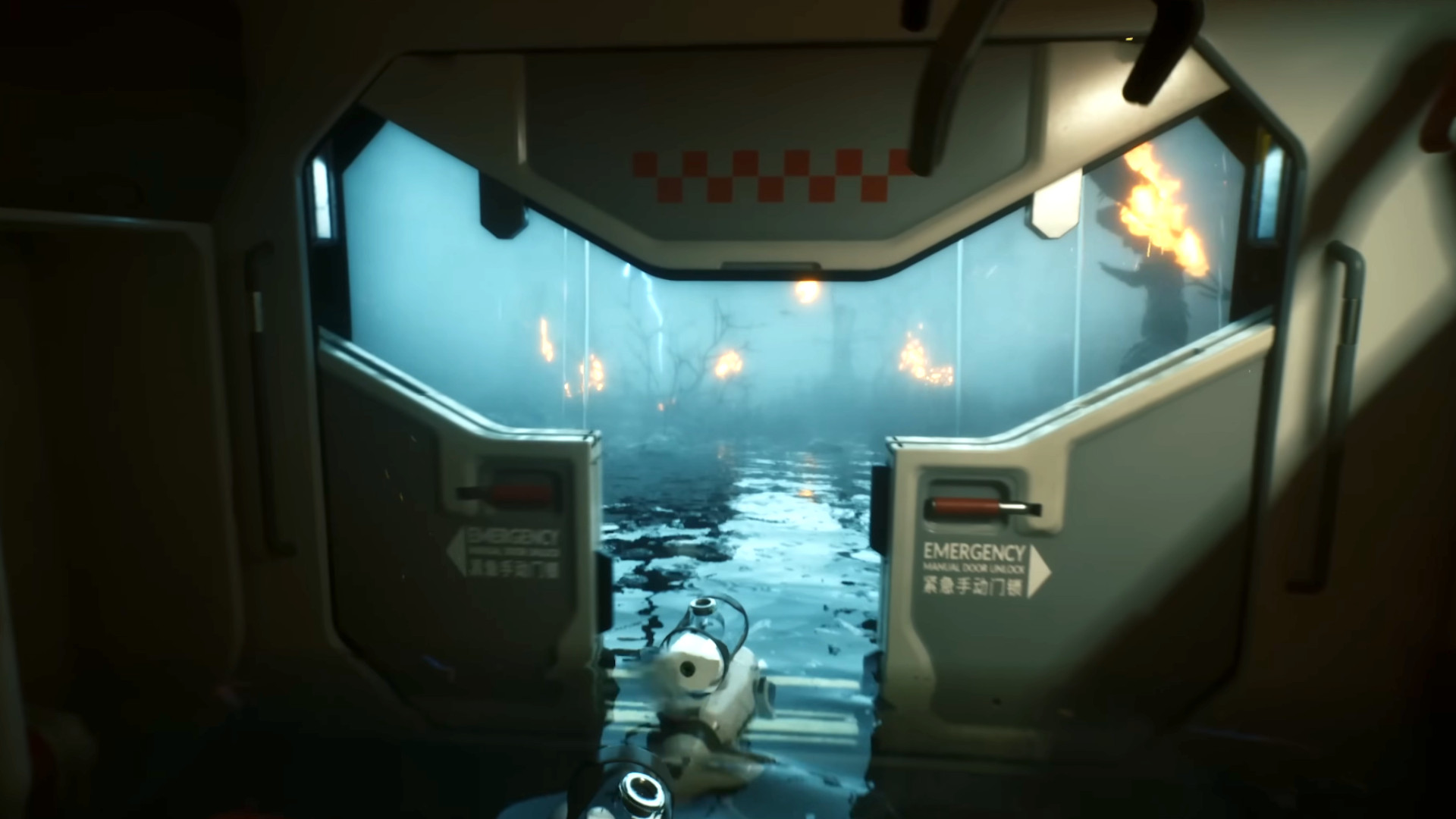 A screenshot of a player leaving their space ship during the trailer for Forest 3.