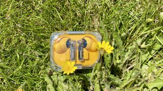 Nothing Ear (a) earbuds in yellow, on a grass lawn alongside yellow flowers, on a sunny day
