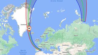 A world map showing the path of the 2026 total solar eclipse across Greenland, Iceland and Spain