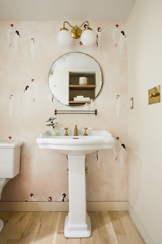 bathroom project by Nune with timber flooring and wallpaper