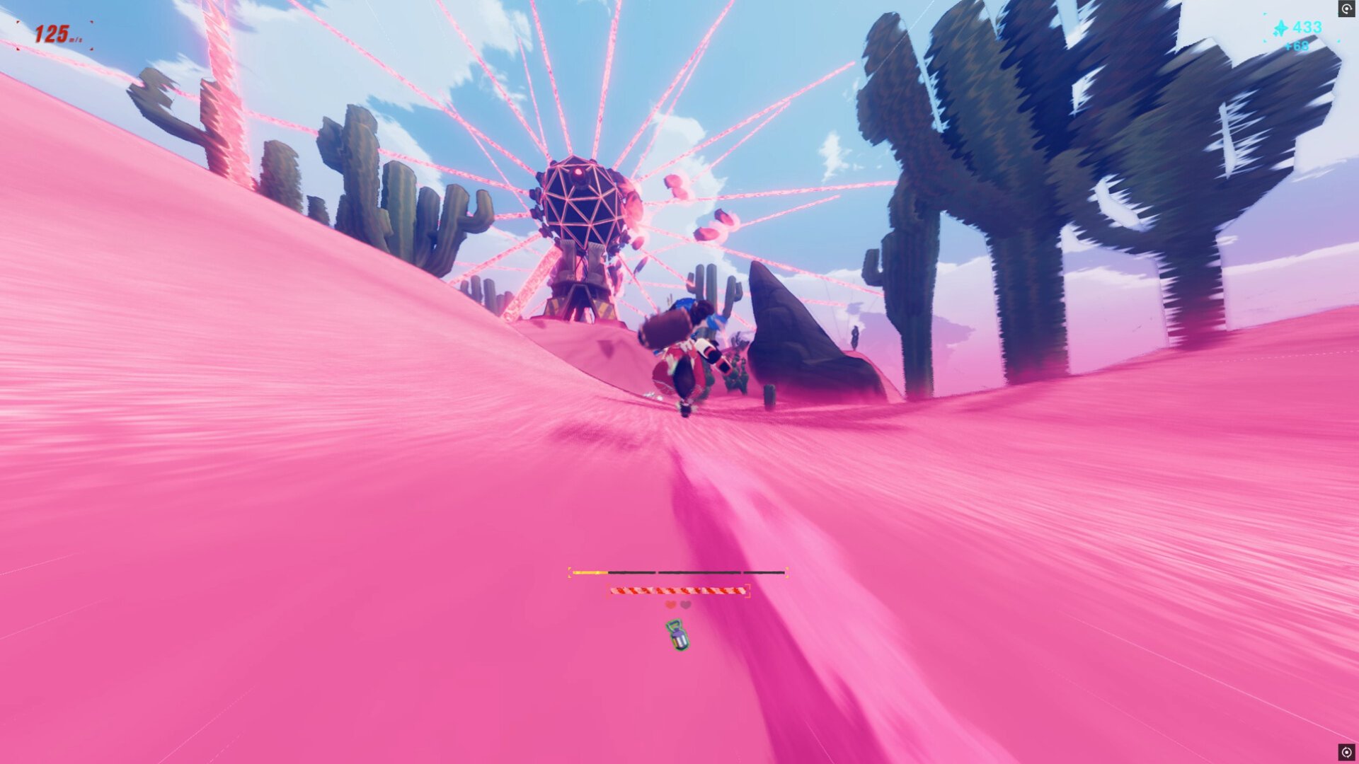 Haste screenshot showing the player character running at high speed across a crimson desert track