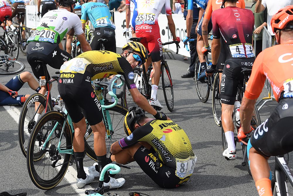Dylan Groenewegen (Jumbo-Visma) goes down in a crash with under 2km to go of stage 1 at the Tour de France