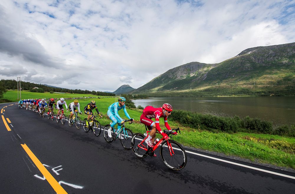 Cyclists ride during the 198,5 km second stage of the Arctic Race of Norway between Mo i Rana and Sandnessjoen