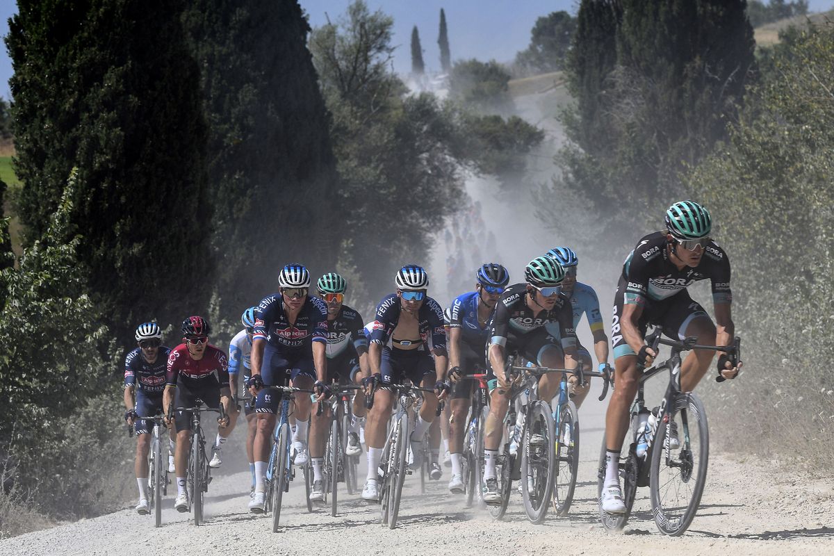Strade Bianche 2020 14th Edition Siena Siena 184 km 01082020 Marcus Burghardt GER Bora HansgrohePatrick Konrad AUT Bora Hansgrohe Mathieu Van Der Poel NED Alpecin Fenix photo Tommaso PelagalliBettiniPhoto2020