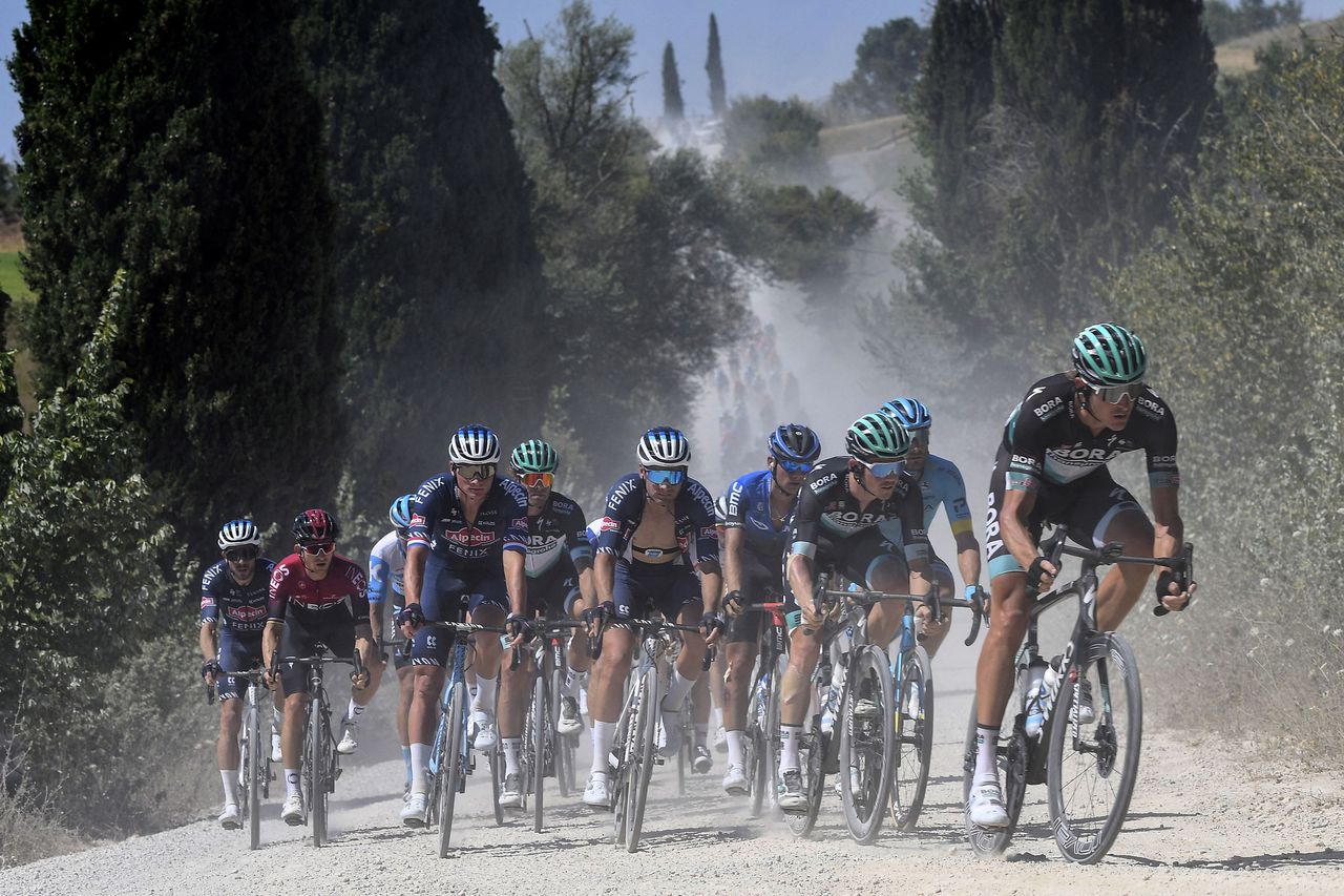 Strade Bianche 2020 14th Edition Siena Siena 184 km 01082020 Marcus Burghardt GER Bora HansgrohePatrick Konrad AUT Bora Hansgrohe Mathieu Van Der Poel NED Alpecin Fenix photo Tommaso PelagalliBettiniPhoto2020