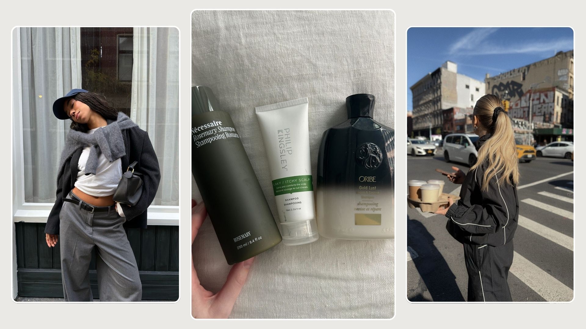 A collage of two women with long, healthy hair and some of the best shampoos for dry scalps