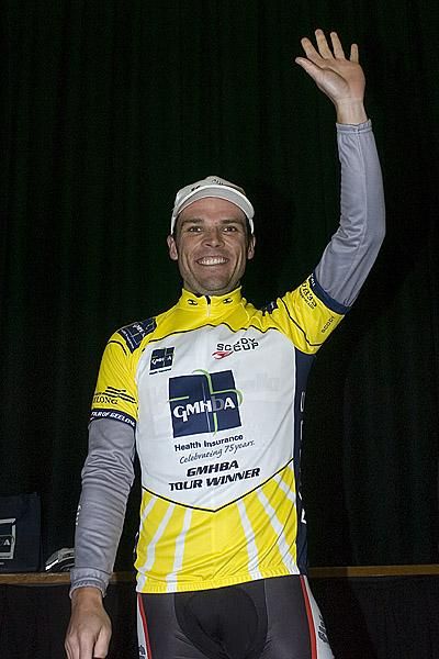 Darren Rolfe (Fly V Australia) wins the inaugural GMHBA Tour of Geelong after the abandonment of the final stage in Portarlington due to poor weather conditions.