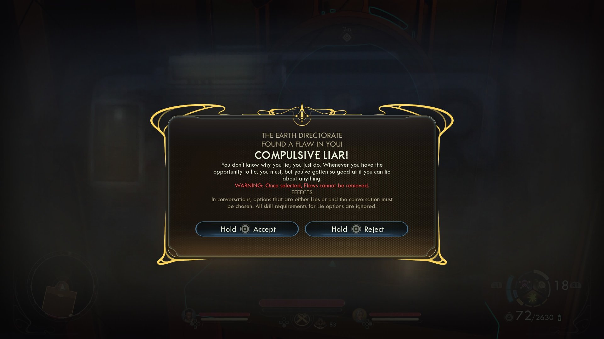 The Outer Worlds 2 screenshot of the Compulsive Liar Flaw pop-up