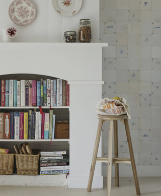 kitchen cookbook storage shelving with stool by Ikea