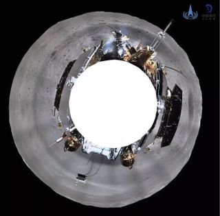 The panorama taken from the Chang'e 4 lander at its perch in Von Karman Crater and stitched together as a full-circle view.