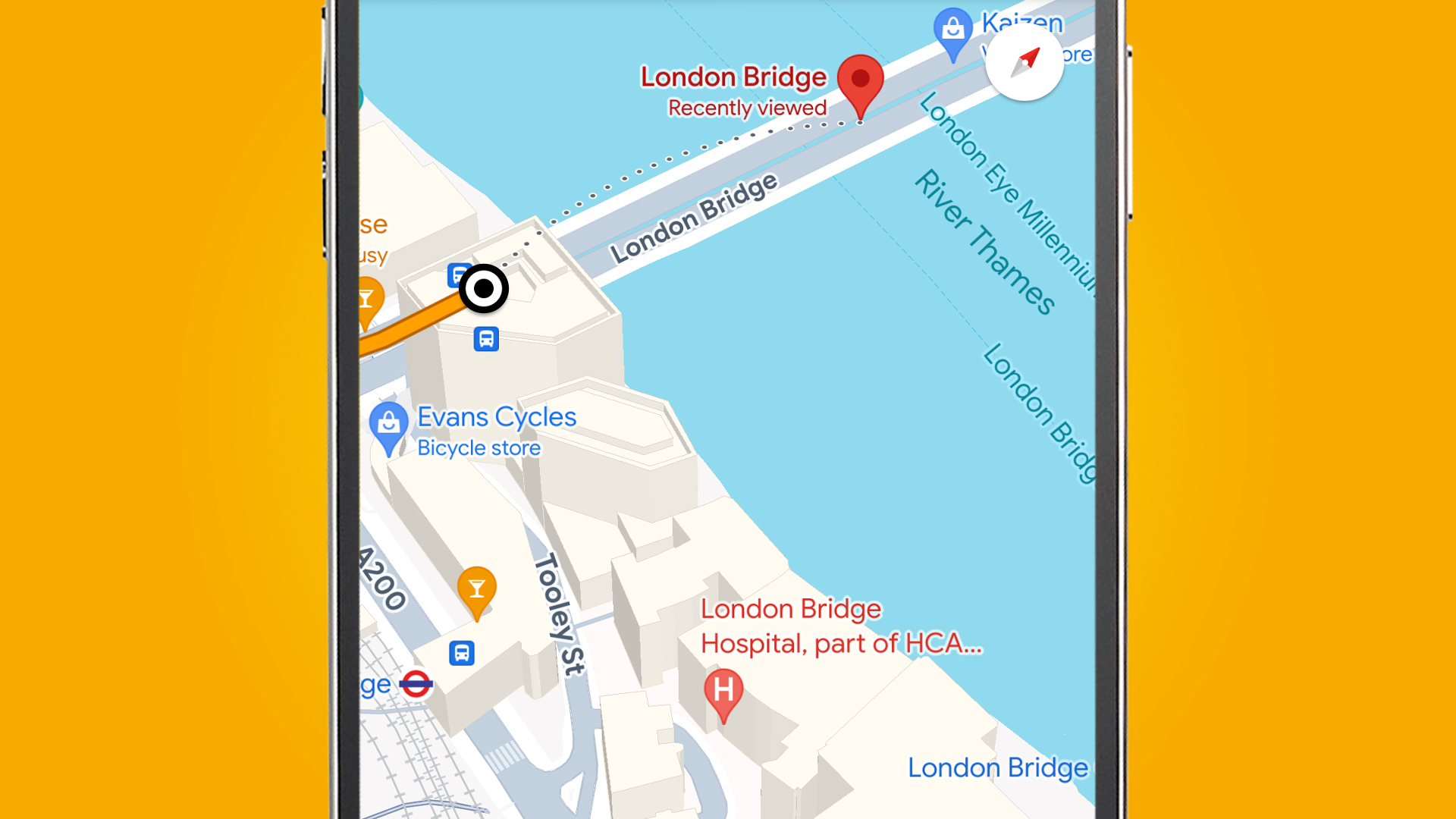 A phone on an orange background showing 3D buildings in the Google Maps app