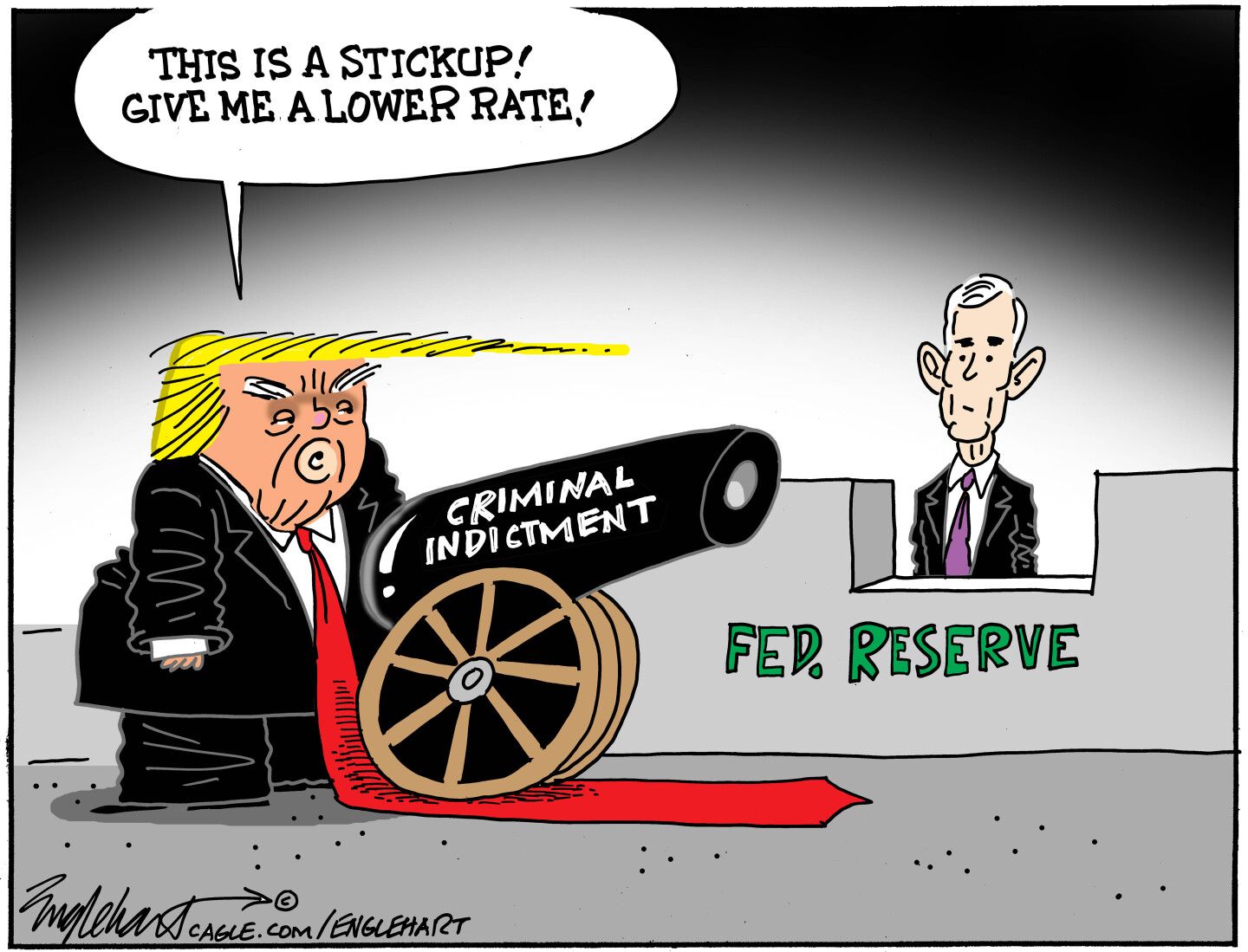 
                                Donald Trump aims a cannon labeled “Criminal Indictment” at Federal Reserve Chair Jerome Powell. Trump says, “This is a stickup! Give me a lower rate!”
                            