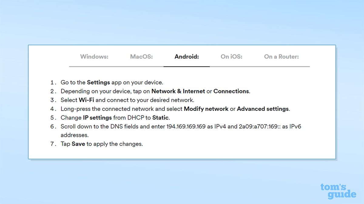 Screenshot from Surfshark's website detailing how to access Surfshark DNS on Android