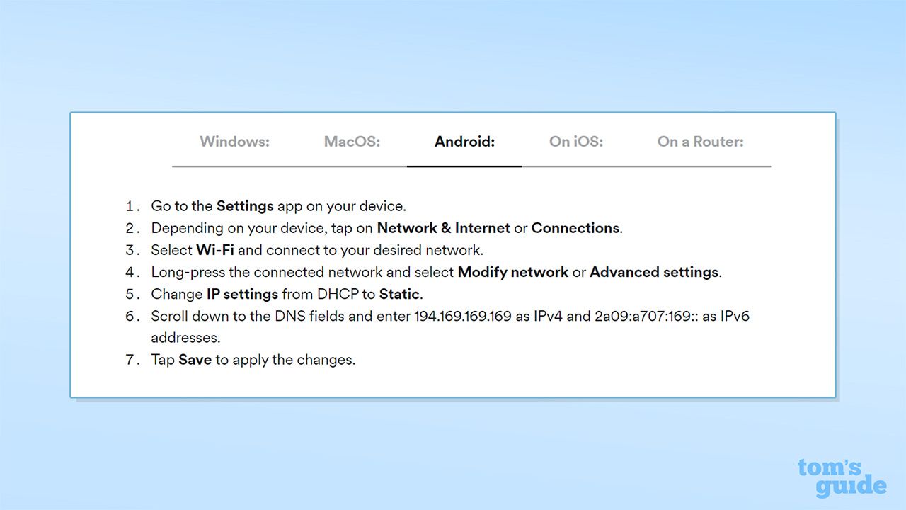 Screenshot from Surfshark's website detailing how to access Surfshark DNS on Android