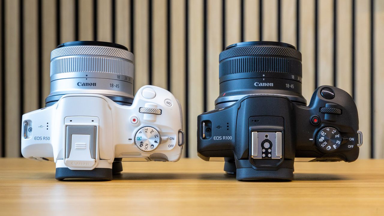 Canon EOS R100 camera on a table with a striped background