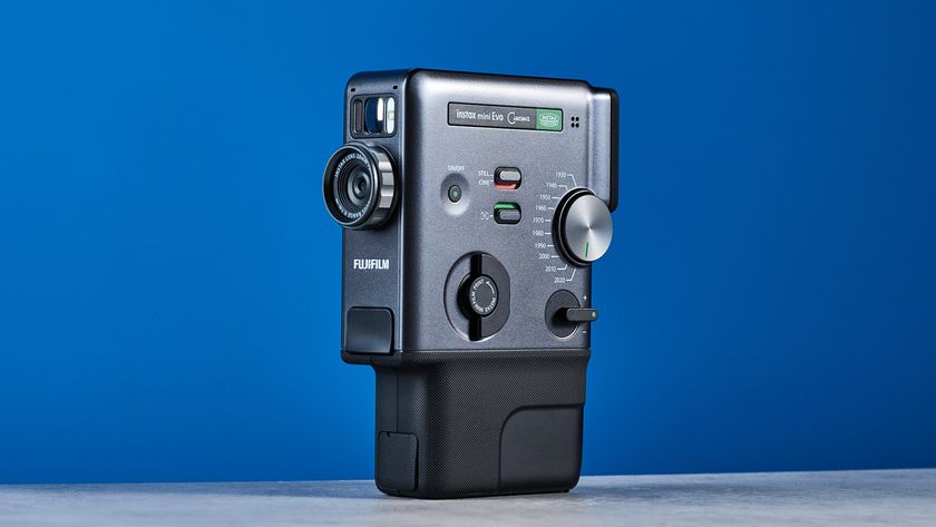 A Fujifilm Instax mini Evo Cinema hybrid instant camera