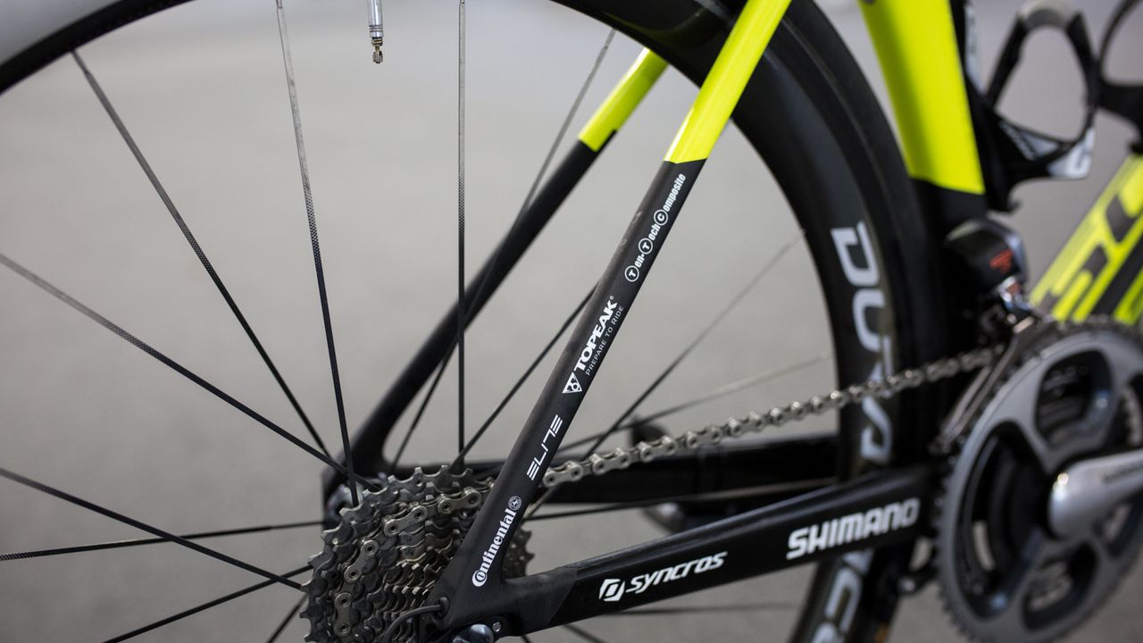 The team's sponsors adorn the rear triangle
