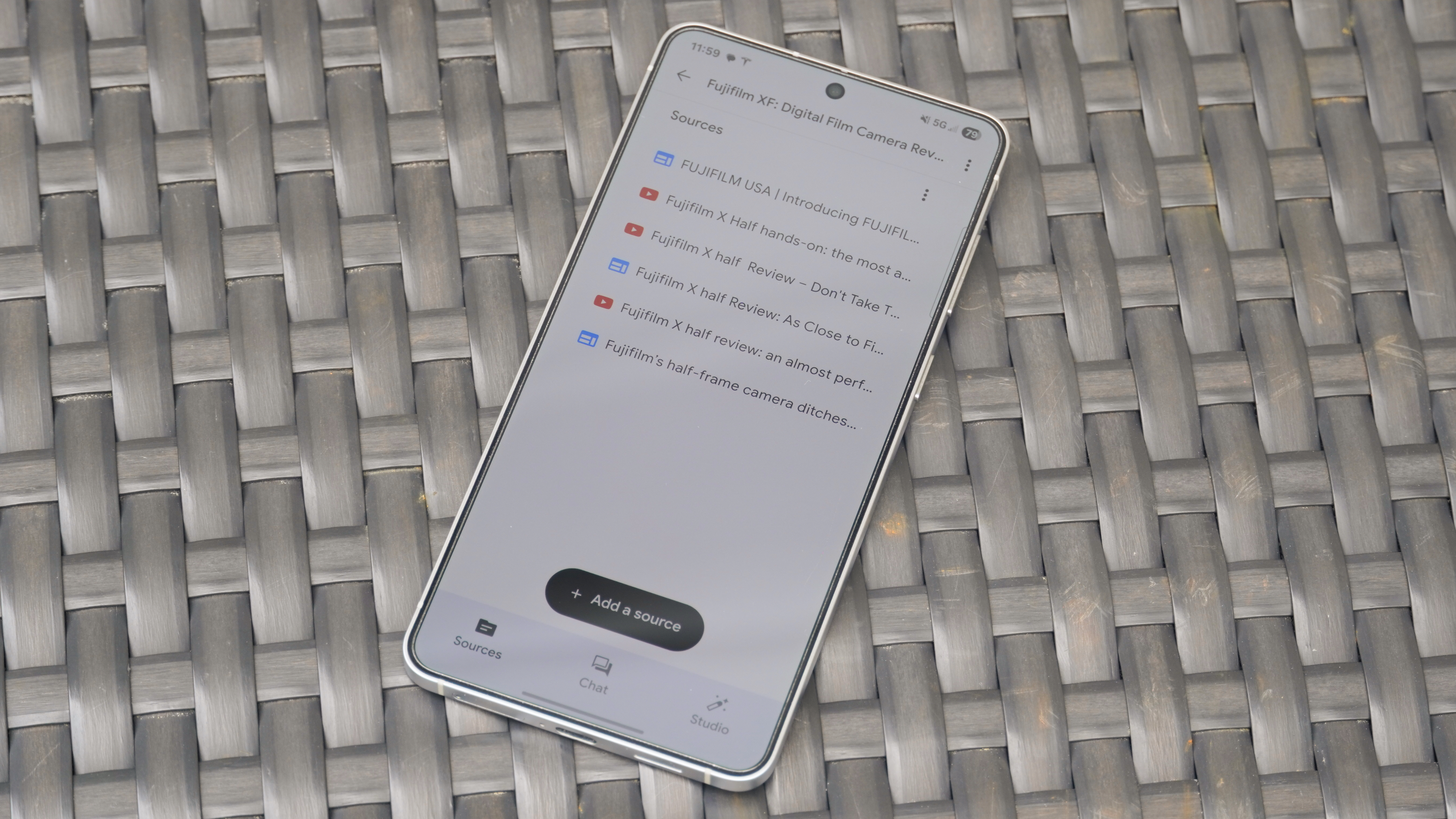 Adding sources to the NotebookLM app for Android running on a Samsung Galaxy S25 Edge.