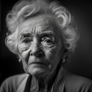 A photorealistic balck and white head and shoulder portrait of an elderly lady made with an AI art generator