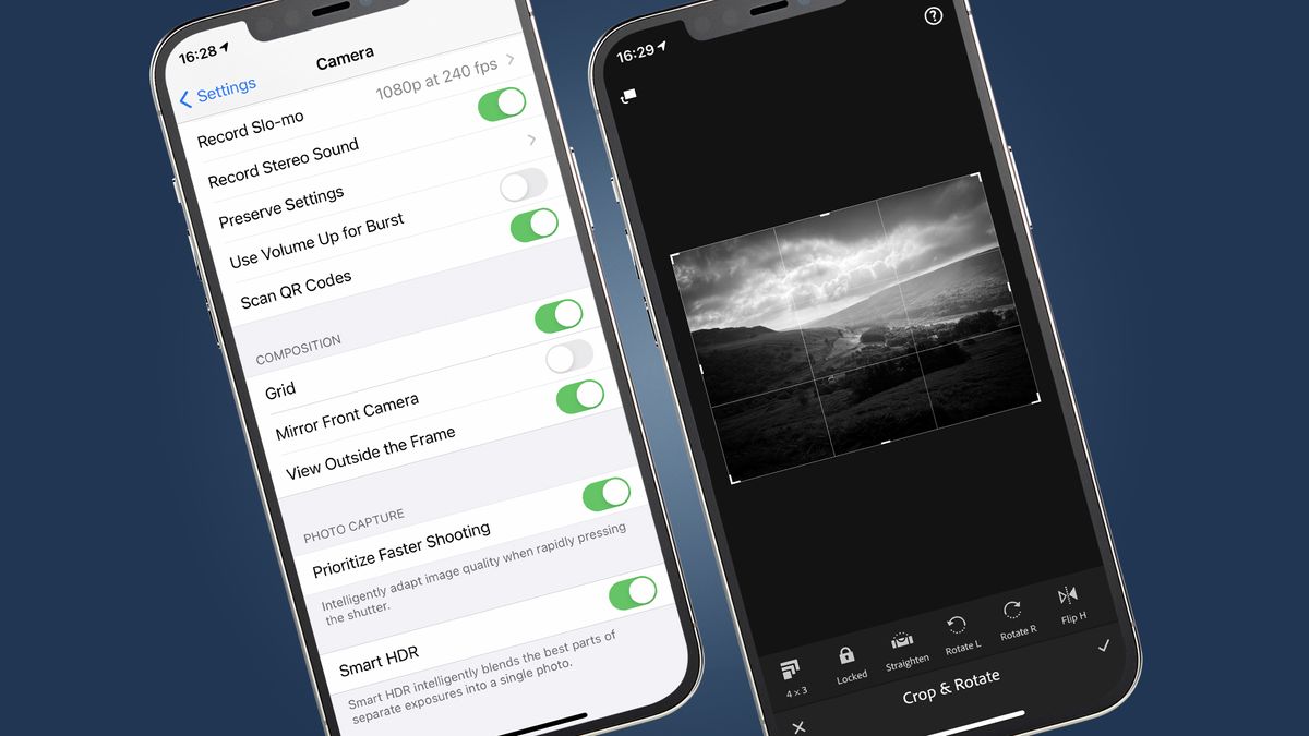 Two iPhone showing camera settings and camera grid lines