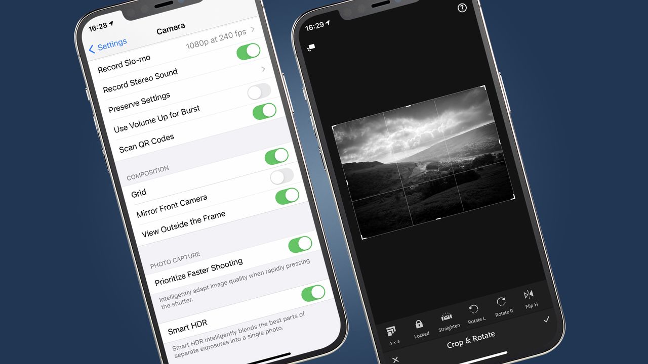 Two iPhone showing camera settings and camera grid lines