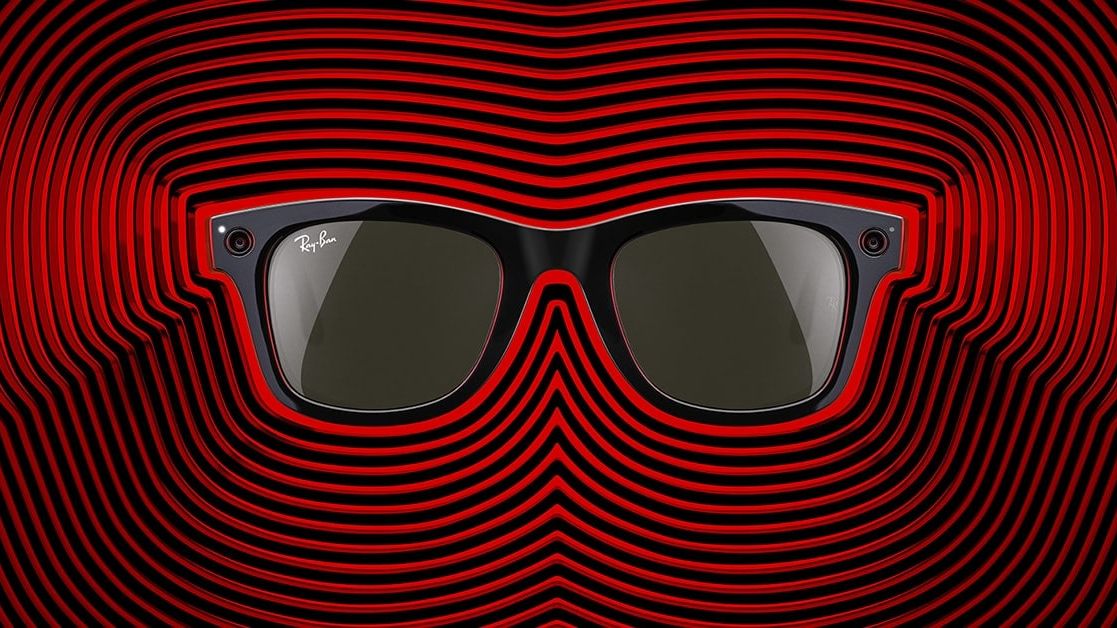 The Ray-Ban Meta smart glasses on a red and black background