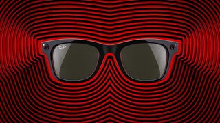 The Ray-Ban Meta smart glasses on a red and black background