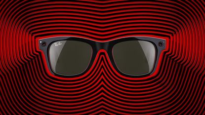 The Ray-Ban Meta smart glasses on a red and black background