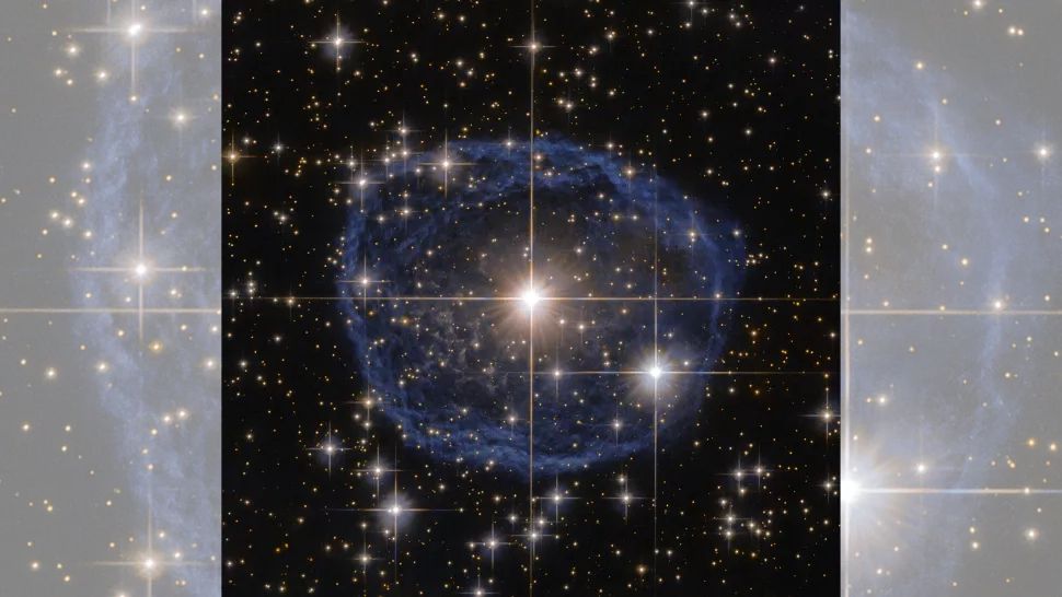 A transparent blue bubble in space with a bright star shining in the center