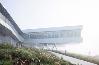 detail of the exterior of the new Audemars Piguet factory in the mist