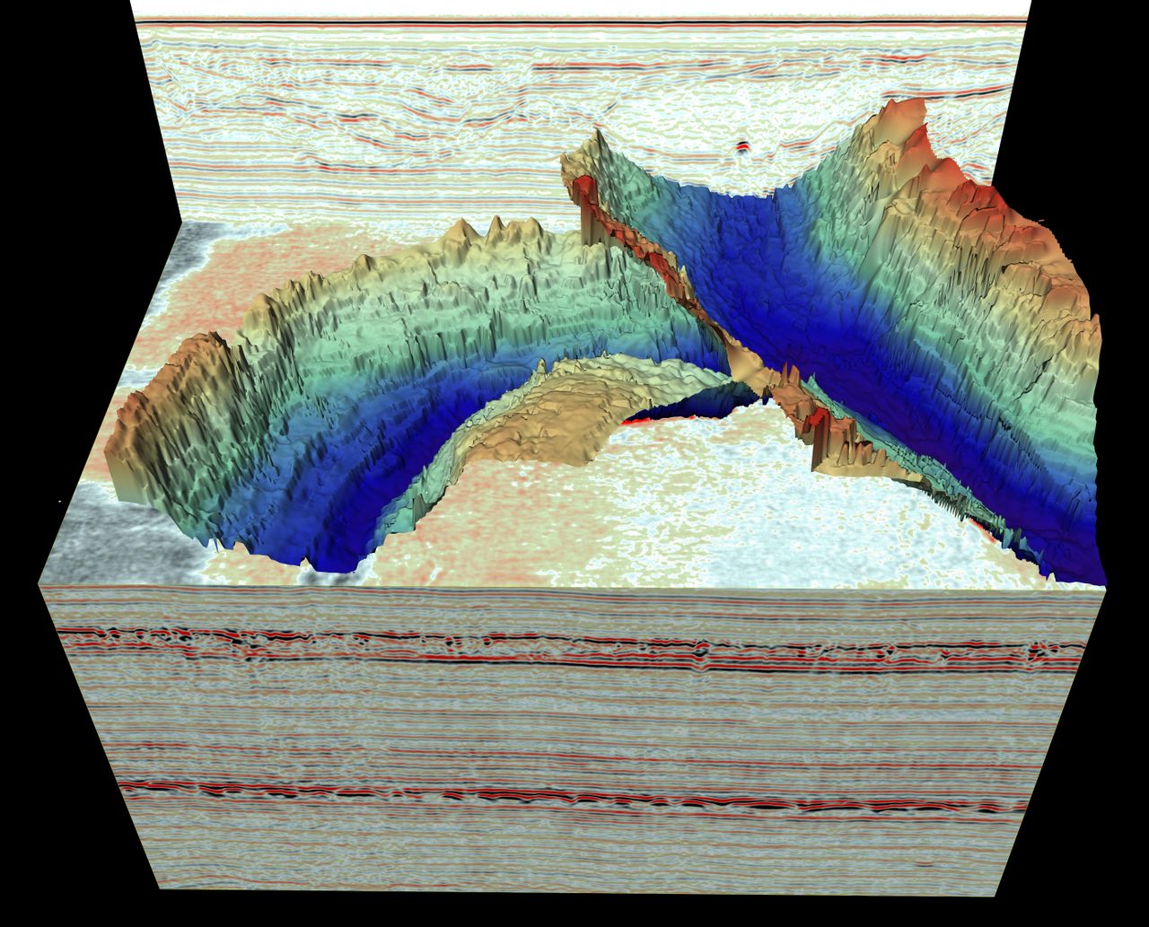 Image of two cross-cutting tunnel valleys discovered using the new 3D seismic reflection data. In this image, the channels are shown in context of the high-resolution 3D seismic data which can be &lsquo;sliced&rsquo; both vertically and horizontally to reveal ancient glacial landscapes buried beneath the seafloor of the North Sea.