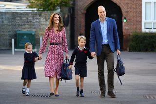 Princess Charlotte arrives for her first day of school, with her brother Prince George and her parents the Duke and Duchess of Cambridge, at Thomas's Battersea in London on September 5, 2019