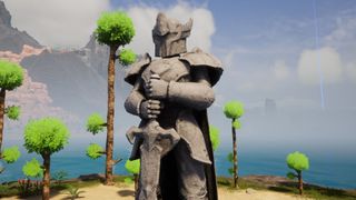 Terraria's Hallowed Armor in statue form, marking where the island is in Palworld to start the crossover dungeon.