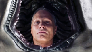 Viggo Mortensen in a promotional still from Crimes of the Future, looking into some kind of horrific cavity