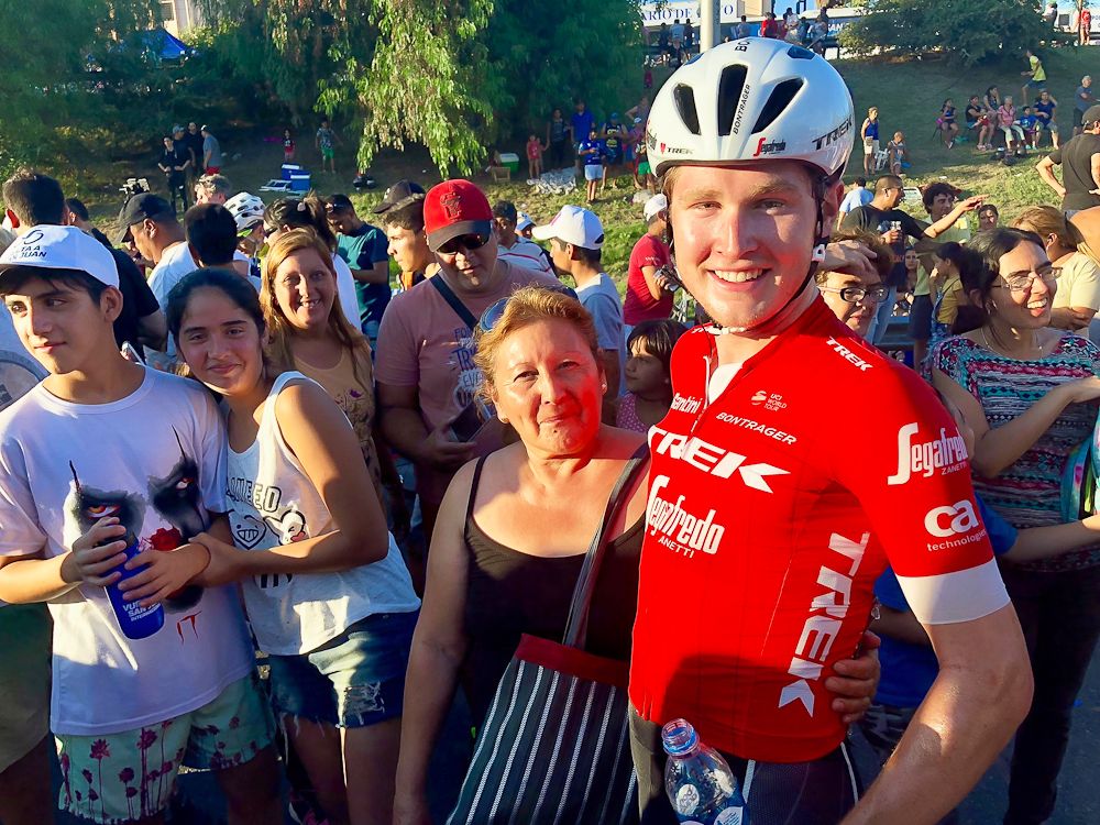 Greg Daniel enjoys the fruits of teammate Giacomo Nizzolo's win on the final stage of Vuelta a San Juan
